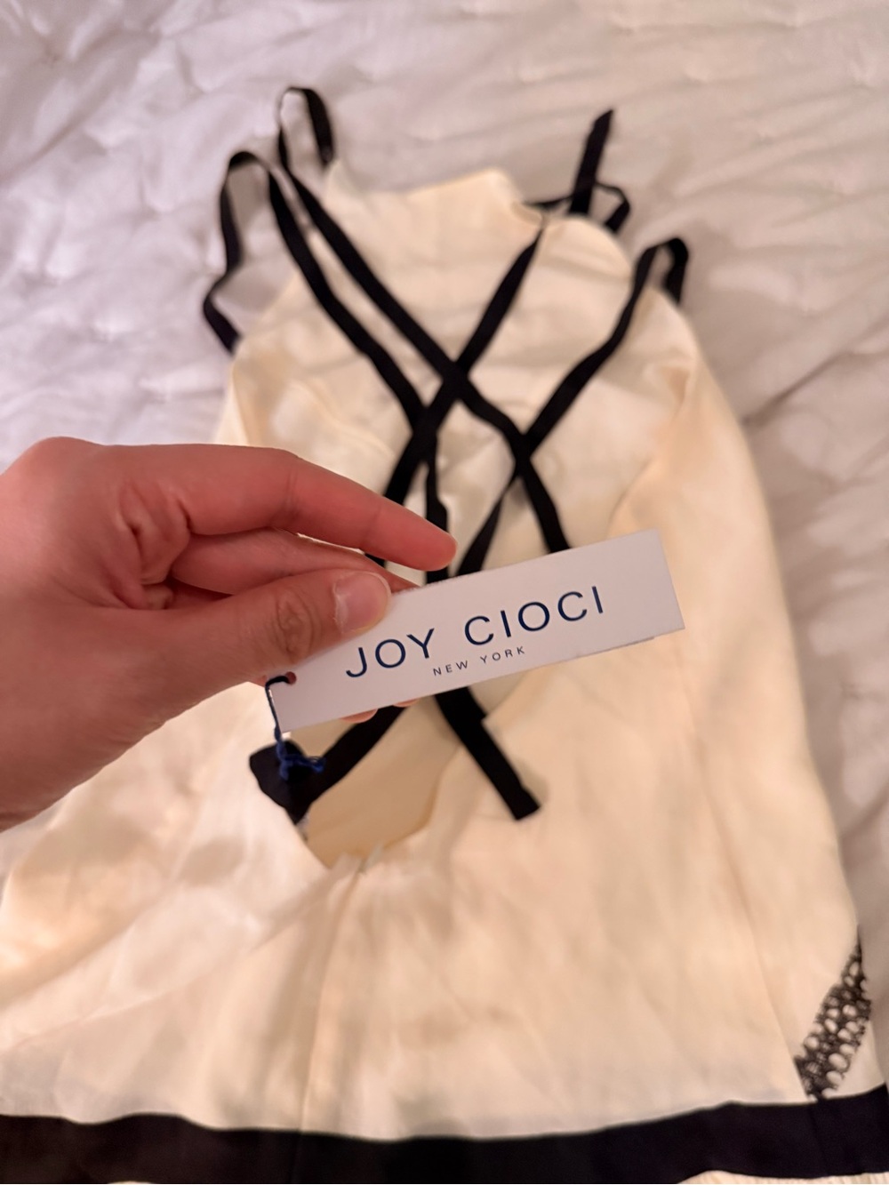 Joy Cioci Cream Slip Dress with Black Trim